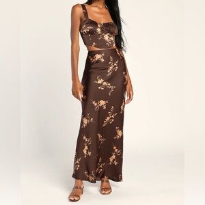 Floral Brown satin midi two piece dress